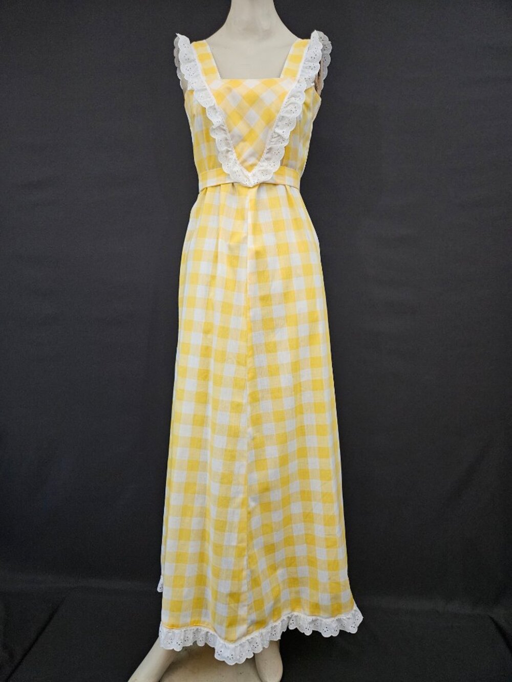 60s/70s Yellow Gingham Ruffled Trim Maxi Dress - Picture 2 of 15